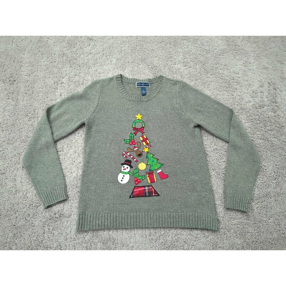 Karen Scott Pullover Sweater Womens M Gray Long Sleeve Christmas Tree Holiday